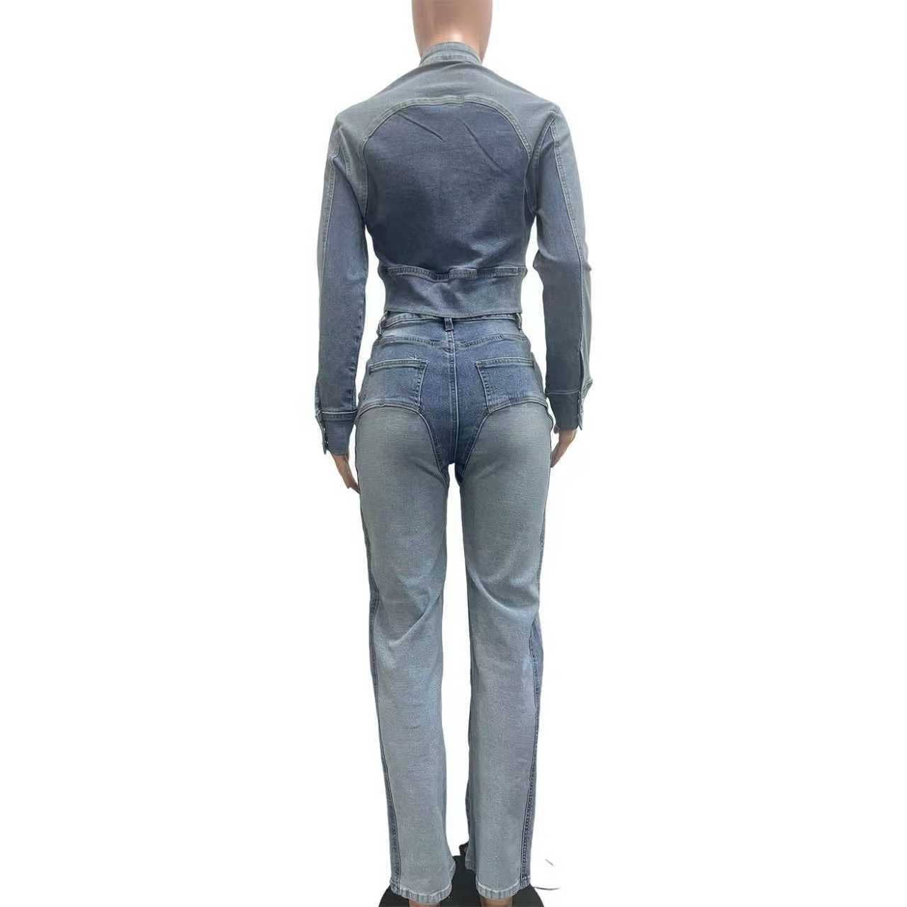 MB FASHION Two-Piece Zip-Up Denim Jacket and High-Waist Jeans Set 8196