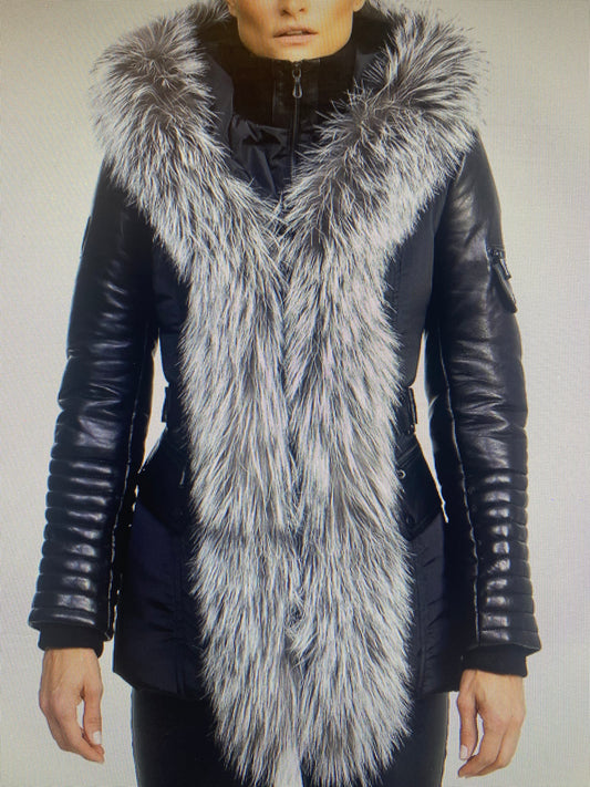 Kim Leather Sleeve Jacket with Silver Fox Fur
