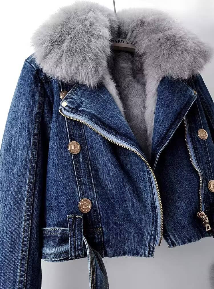 JK1022Y Women's Detachable Faux Fur Lining Denim Jacket