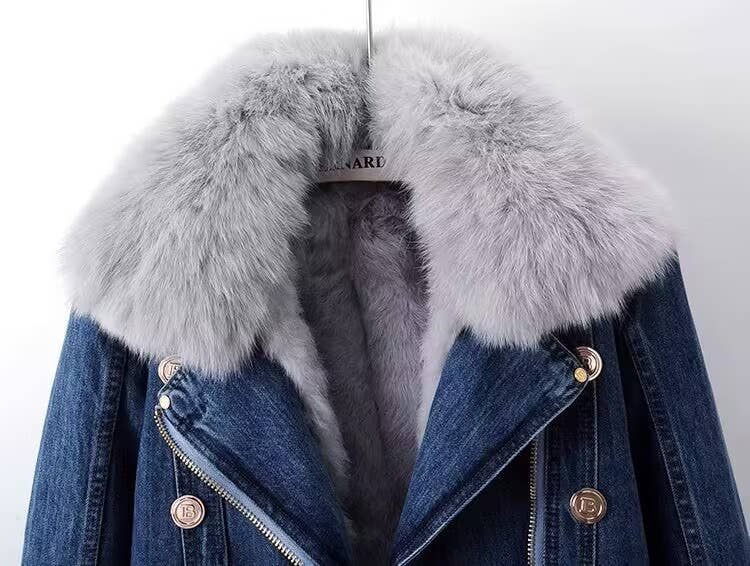 JK1022Y Women's Detachable Faux Fur Lining Denim Jacket