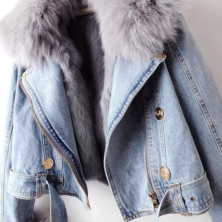 JK1022Y Women's Detachable Faux Fur Lining Denim Jacket