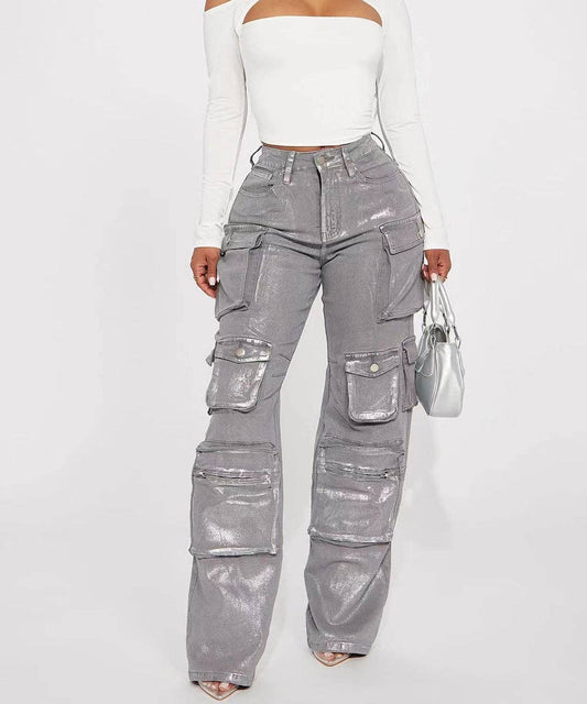 Utility Pocket Metallic Denim Pants