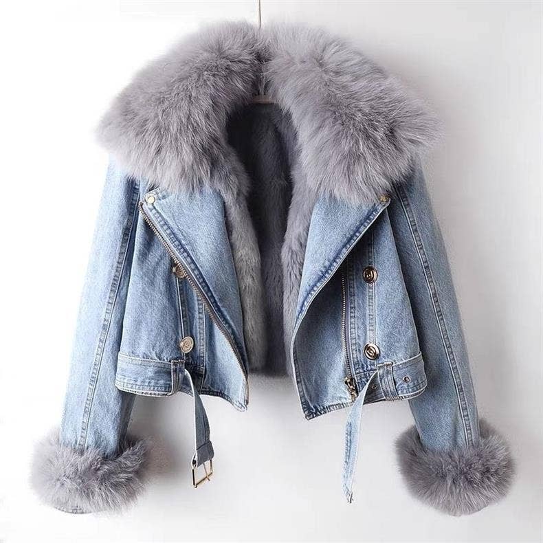 JK1022Y Women's Detachable Faux Fur Lining Denim Jacket