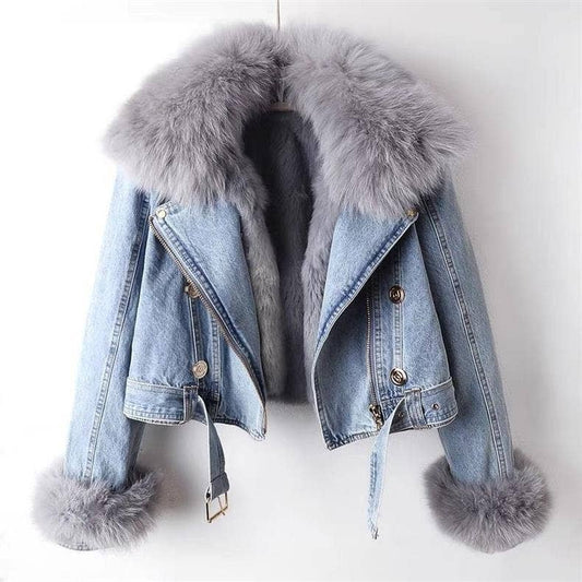 JK1022Y Women's Detachable Faux Fur Lining Denim Jacket