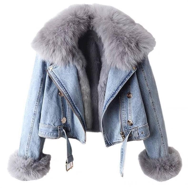 JK1022Y Women's Detachable Faux Fur Lining Denim Jacket