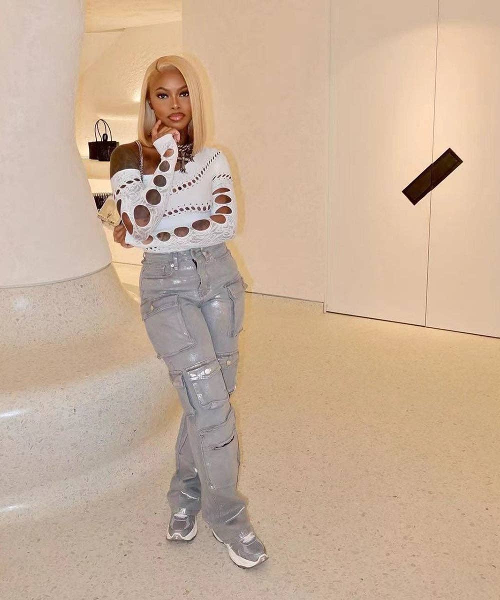 Utility Pocket Metallic Denim Pants