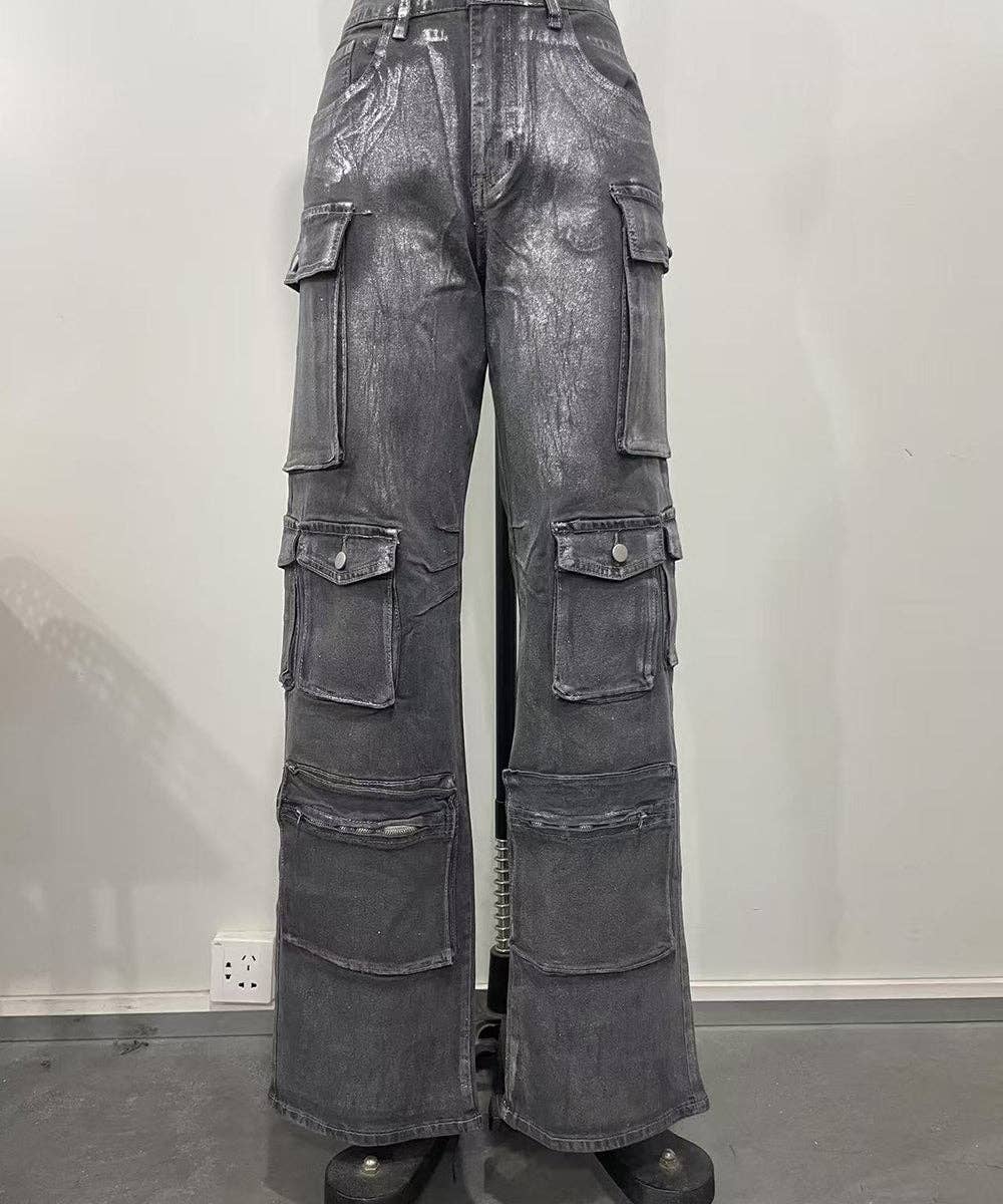 Utility Pocket Metallic Denim Pants