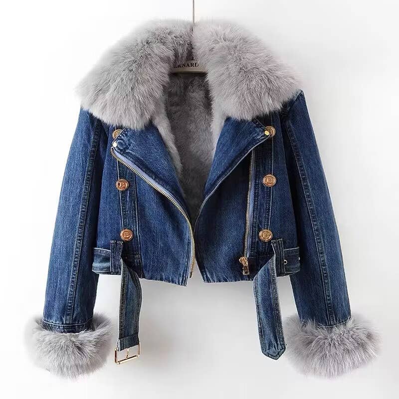 JK1022Y Women's Detachable Faux Fur Lining Denim Jacket