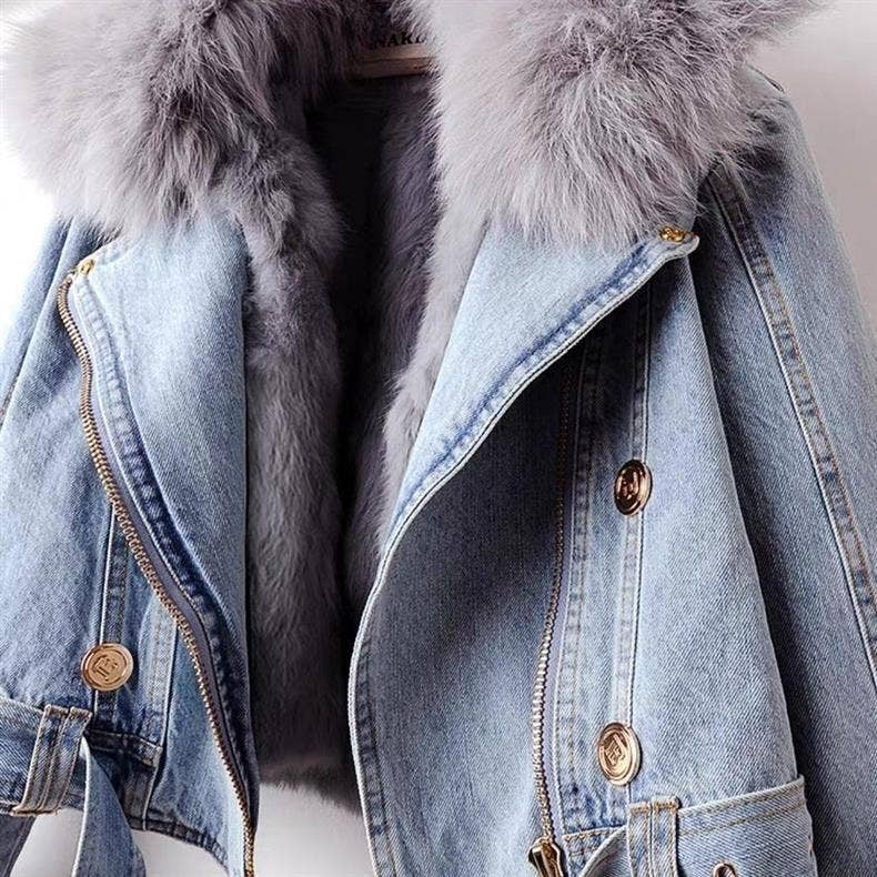 JK1022Y Women's Detachable Faux Fur Lining Denim Jacket