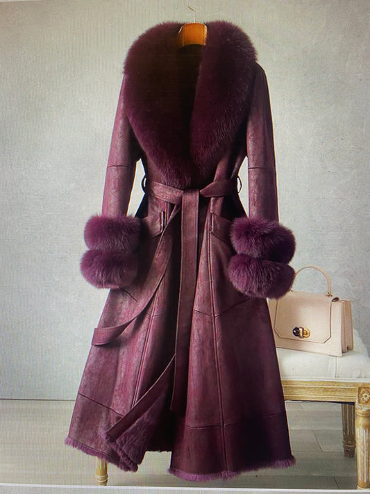 Elegant Mid-Length Faux Fur Coat with Fox Fur Collar