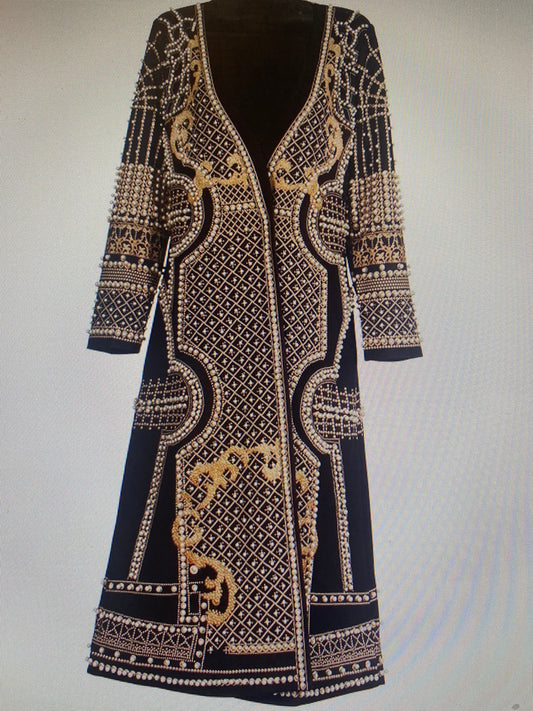 Beaded V-Neck Long-Sleeve Trench Coat for Women