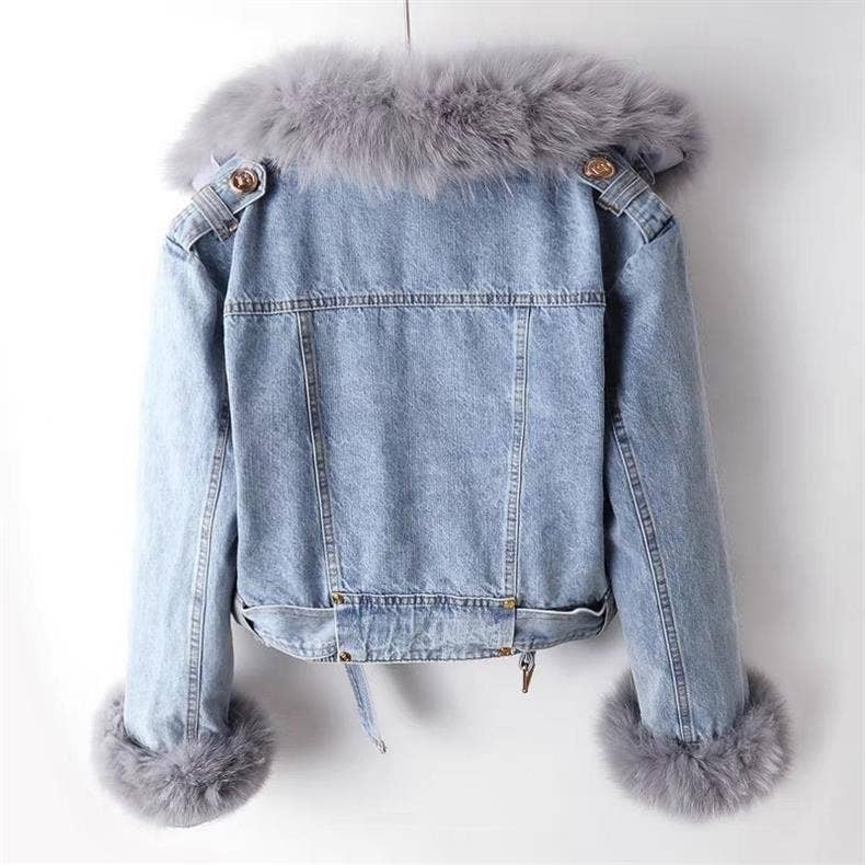 JK1022Y Women's Detachable Faux Fur Lining Denim Jacket
