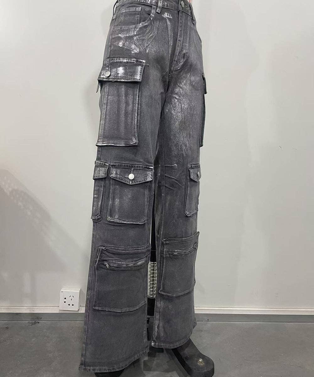 Utility Pocket Metallic Denim Pants